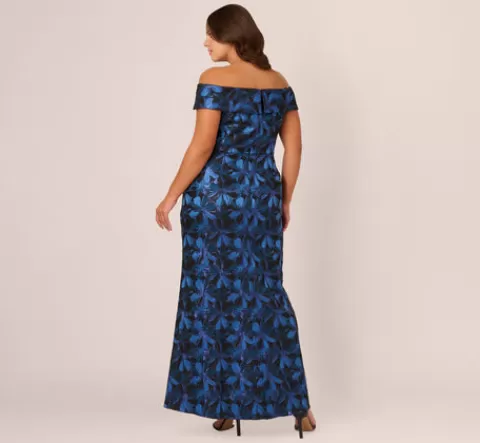 Adrianna Papell Plus Size Off Shoulder Jacquard Gown In Blue Multi BLUEMULTI Flash Sale