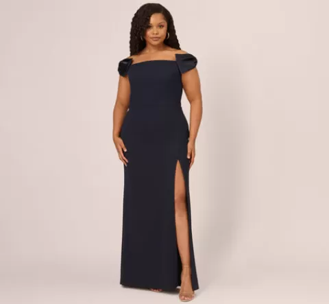 Adrianna Papell Plus Size Off The Shoulder Crepe Column Gown With Bow Accents In TWILIGHT New