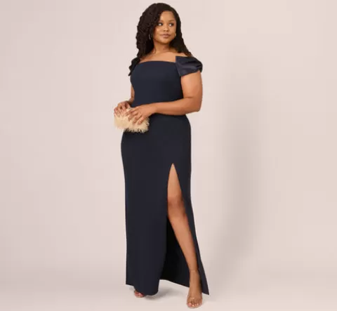 Adrianna Papell Plus Size Off The Shoulder Crepe Column Gown With Bow Accents In TWILIGHT New