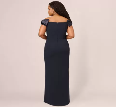 Adrianna Papell Plus Size Off The Shoulder Crepe Column Gown With Bow Accents In TWILIGHT New