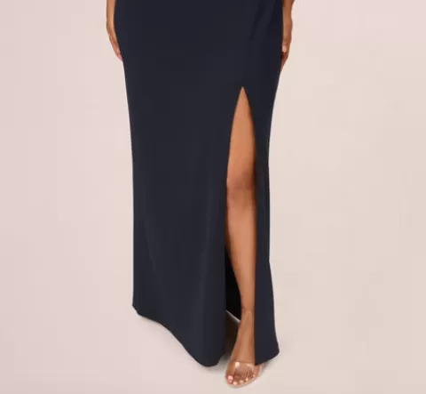 Adrianna Papell Plus Size Off The Shoulder Crepe Column Gown With Bow Accents In TWILIGHT New