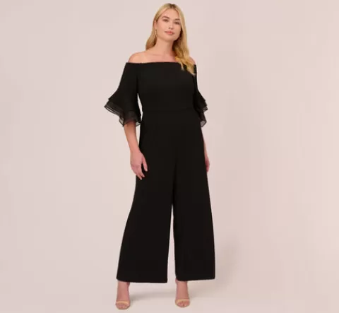Adrianna Papell Plus Size Off The Shoulder Crepe Jumpsuit With Organza Sleeves In BLACK Hot