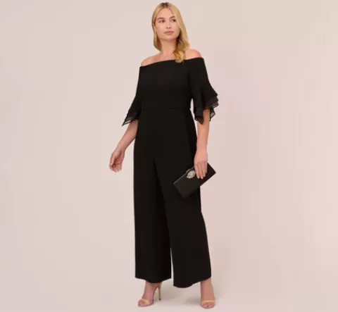 Adrianna Papell Plus Size Off The Shoulder Crepe Jumpsuit With Organza Sleeves In BLACK Hot