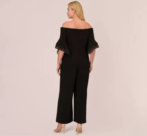 Adrianna Papell Plus Size Off The Shoulder Crepe Jumpsuit With Organza Sleeves In BLACK Hot