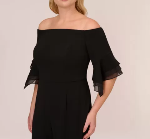 Adrianna Papell Plus Size Off The Shoulder Crepe Jumpsuit With Organza Sleeves In BLACK Hot