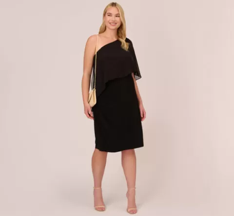 Adrianna Papell Plus Size One Shoulder Dress With Chiffon Cape In BLACK Shop