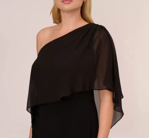 Adrianna Papell Plus Size One Shoulder Dress With Chiffon Cape In BLACK Shop