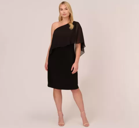 Adrianna Papell Plus Size One Shoulder Dress With Chiffon Cape In BLACK Shop