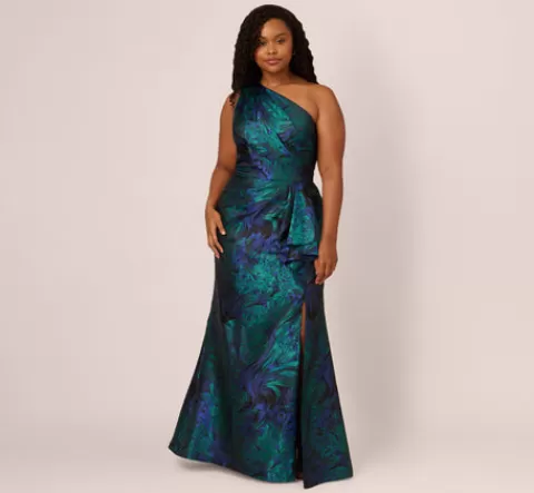 Adrianna Papell Plus Size One Shoulder Jacquard Mermaid Gown With Drape Detail In Cobalt Teal COBALT-TEAL Discount