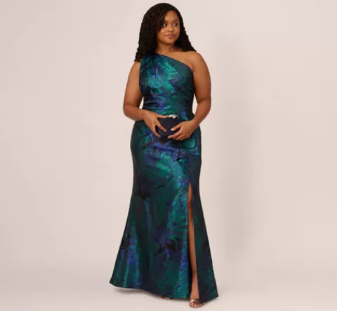 Adrianna Papell Plus Size One Shoulder Jacquard Mermaid Gown With Drape Detail In Cobalt Teal COBALT-TEAL Discount
