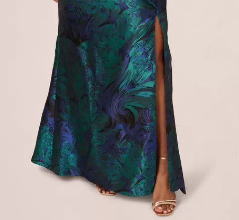 Adrianna Papell Plus Size One Shoulder Jacquard Mermaid Gown With Drape Detail In Cobalt Teal COBALT-TEAL Discount