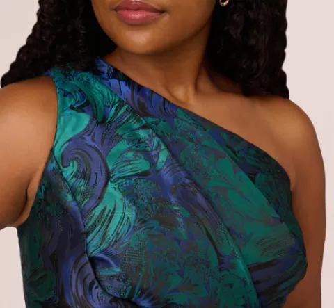 Adrianna Papell Plus Size One Shoulder Jacquard Mermaid Gown With Drape Detail In Cobalt Teal COBALT-TEAL Discount