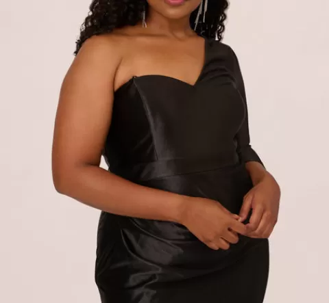 Adrianna Papell Plus Size One Shoulder Satin Midi Dress With Three-Quarter Sleeve In BLACK Shop
