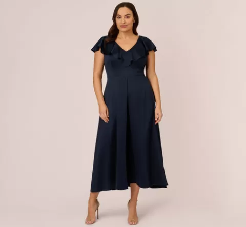 Adrianna Papell Plus Size Satin Crepe Ruffled Cropped Jumpsuit In Dark Navy DARKNAVY Hot