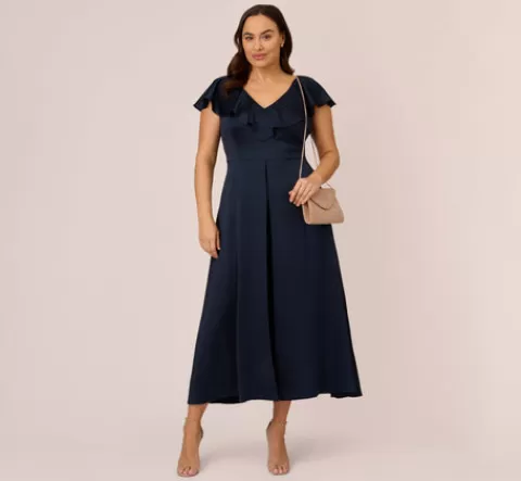 Adrianna Papell Plus Size Satin Crepe Ruffled Cropped Jumpsuit In Dark Navy DARKNAVY Hot