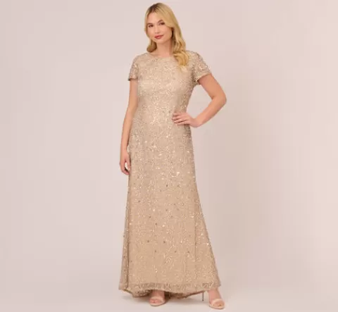 Adrianna Papell Plus Size Scoop Back Sequin Gown In CHAMPAGNE Outlet