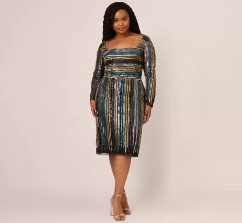 Adrianna Papell Plus Size Sequin Beaded Sheath Dress With Sheer Long Sleeves In Black Blue Multi BLACK-BLUEMULTI Best