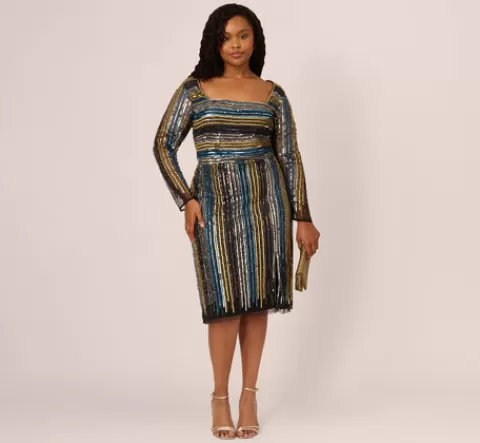 Adrianna Papell Plus Size Sequin Beaded Sheath Dress With Sheer Long Sleeves In Black Blue Multi BLACK-BLUEMULTI Best