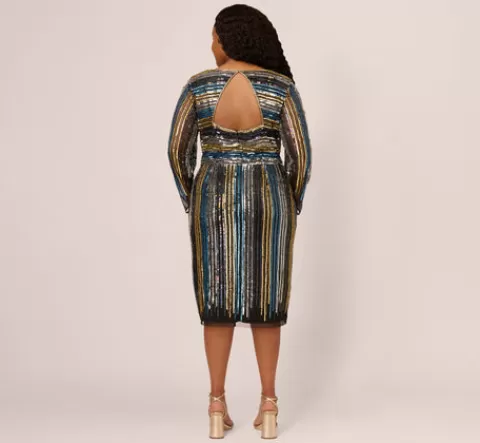Adrianna Papell Plus Size Sequin Beaded Sheath Dress With Sheer Long Sleeves In Black Blue Multi BLACK-BLUEMULTI Best