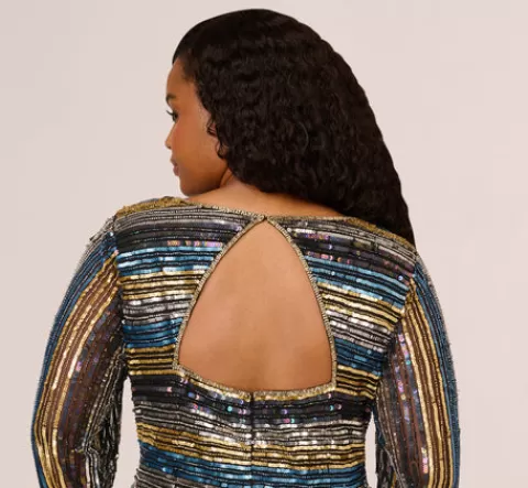 Adrianna Papell Plus Size Sequin Beaded Sheath Dress With Sheer Long Sleeves In Black Blue Multi BLACK-BLUEMULTI Best