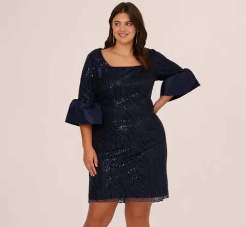 Adrianna Papell Plus Size Sequin Embroidered Dress With Taffeta Bell Sleeves In MIDNIGHT Shop