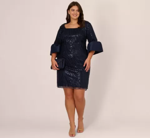 Adrianna Papell Plus Size Sequin Embroidered Dress With Taffeta Bell Sleeves In MIDNIGHT Shop