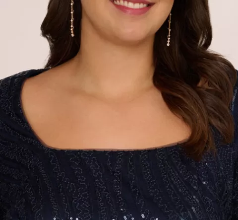 Adrianna Papell Plus Size Sequin Embroidered Dress With Taffeta Bell Sleeves In MIDNIGHT Shop