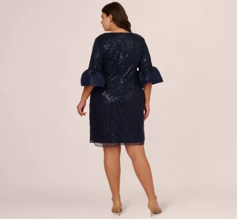 Adrianna Papell Plus Size Sequin Embroidered Dress With Taffeta Bell Sleeves In MIDNIGHT Shop