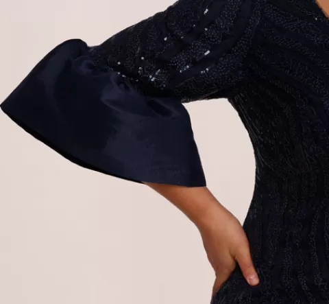 Adrianna Papell Plus Size Sequin Embroidered Dress With Taffeta Bell Sleeves In MIDNIGHT Shop