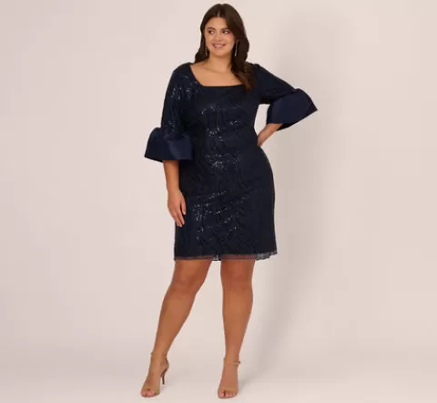 Adrianna Papell Plus Size Sequin Embroidered Dress With Taffeta Bell Sleeves In MIDNIGHT Shop