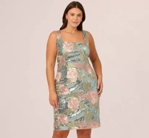Adrianna Papell Plus Size Sequin Embroidery Short Dress In Sage Multi SAGEMULTI Flash Sale