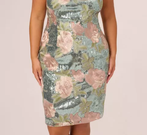 Adrianna Papell Plus Size Sequin Embroidery Short Dress In Sage Multi SAGEMULTI Flash Sale