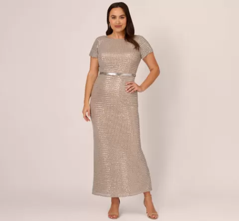 Adrianna Papell Plus Size Sequin Short Sleeve Column Gown With Embellished Waist In Silver Nude SILVER-NUDE New