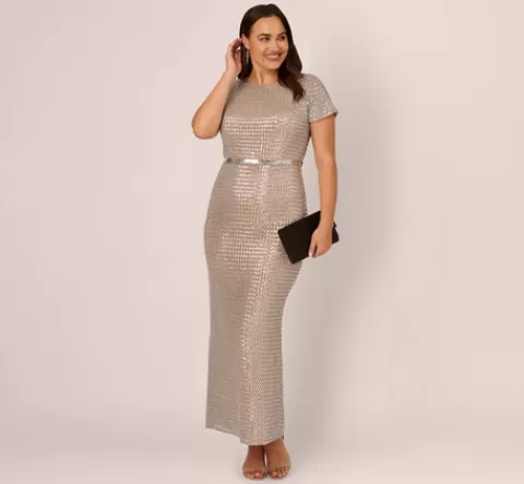 Adrianna Papell Plus Size Sequin Short Sleeve Column Gown With Embellished Waist In Silver Nude SILVER-NUDE New