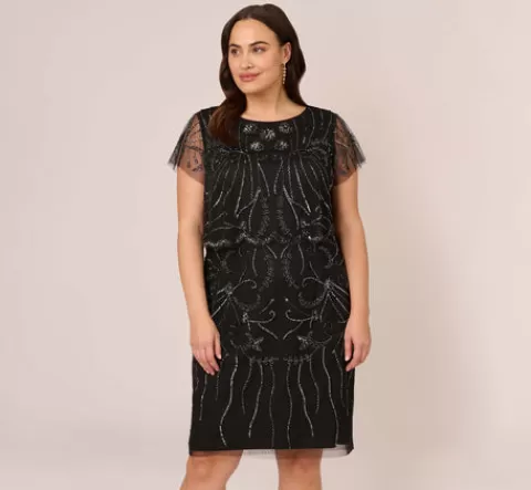 Adrianna Papell Plus Size Short Sleeve Beaded Cocktail Dress With Popover In Black Gunmetal BLACK-GUNMETAL Store