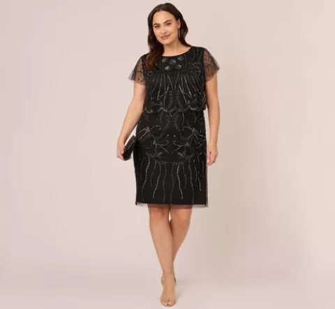 Adrianna Papell Plus Size Short Sleeve Beaded Cocktail Dress With Popover In Black Gunmetal BLACK-GUNMETAL Store
