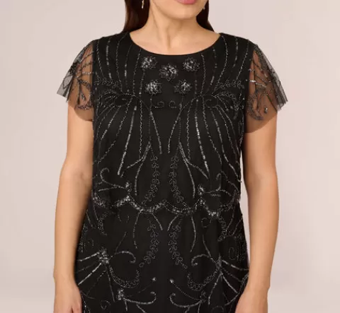 Adrianna Papell Plus Size Short Sleeve Beaded Cocktail Dress With Popover In Black Gunmetal BLACK-GUNMETAL Store