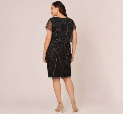 Adrianna Papell Plus Size Short Sleeve Beaded Cocktail Dress With Popover In Black Gunmetal BLACK-GUNMETAL Store