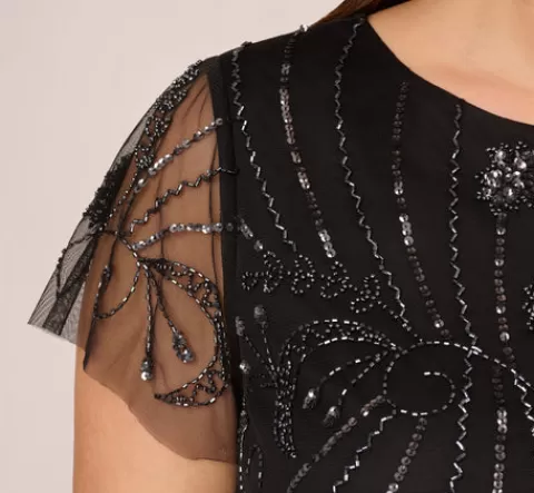 Adrianna Papell Plus Size Short Sleeve Beaded Cocktail Dress With Popover In Black Gunmetal BLACK-GUNMETAL Store