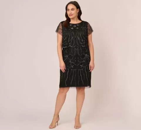 Adrianna Papell Plus Size Short Sleeve Beaded Cocktail Dress With Popover In Black Gunmetal BLACK-GUNMETAL Store