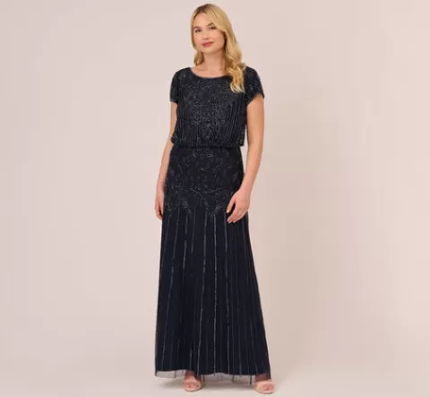 Adrianna Papell Plus Size Short Sleeve Blouson Beaded Gown In NAVY Cheap