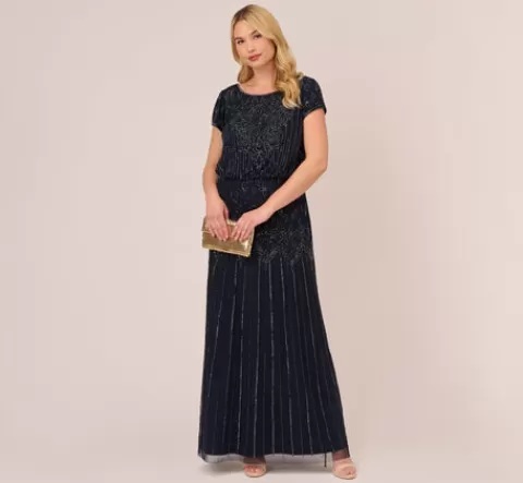 Adrianna Papell Plus Size Short Sleeve Blouson Beaded Gown In NAVY Cheap