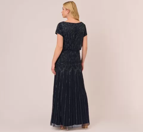 Adrianna Papell Plus Size Short Sleeve Blouson Beaded Gown In NAVY Cheap