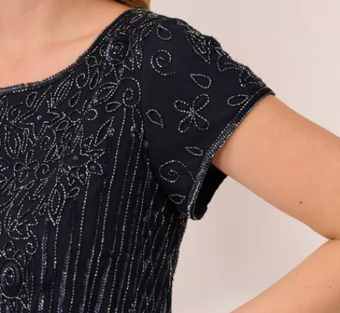 Adrianna Papell Plus Size Short Sleeve Blouson Beaded Gown In NAVY Cheap
