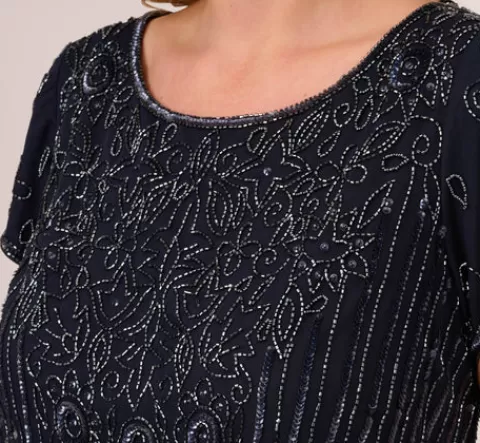 Adrianna Papell Plus Size Short Sleeve Blouson Beaded Gown In NAVY Cheap