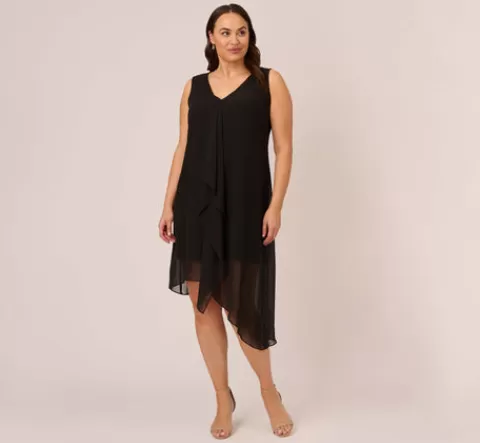 Adrianna Papell Plus Size Sleeveless Chiffon Dress With Cascading Details In BLACK Cheap