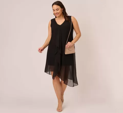 Adrianna Papell Plus Size Sleeveless Chiffon Dress With Cascading Details In BLACK Cheap