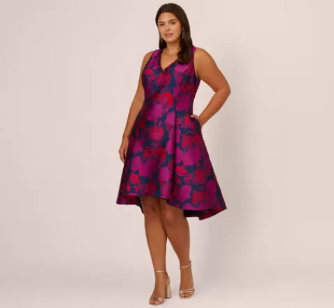 Adrianna Papell Plus Size Sleeveless Floral Jacquard Midi Dress With High Low Skirt In Navy Multi NAVYMULTI Cheap