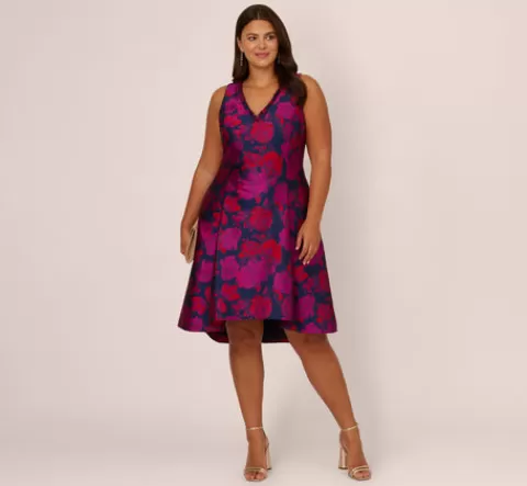 Adrianna Papell Plus Size Sleeveless Floral Jacquard Midi Dress With High Low Skirt In Navy Multi NAVYMULTI Cheap