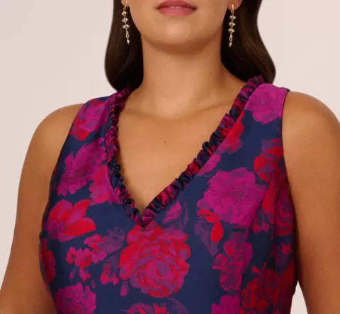 Adrianna Papell Plus Size Sleeveless Floral Jacquard Midi Dress With High Low Skirt In Navy Multi NAVYMULTI Cheap